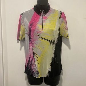 Jamie Sadock Black, Pink, Yellow Ribbed Shirt with Zip Front Medium